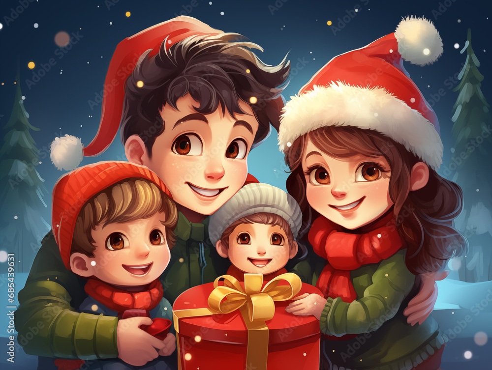 Children in the atmosphere of Christmas holiday in the style of drawn cartoons. Cheerful children with Christmas presents near Christmas tree at home. In 2D cartoon style. Children in the atmosphere of Christmas holiday in the style of drawn cartoons. Cheerful children with Christmas presents near Christmas tree at home. In 2D cartoon style.