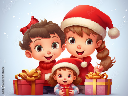 Children in the atmosphere of Christmas holiday in the style of drawn cartoons. Cheerful children with Christmas presents near Christmas tree at home. In 2D cartoon style.