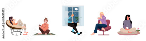 Set of women drinking hot tea on white background