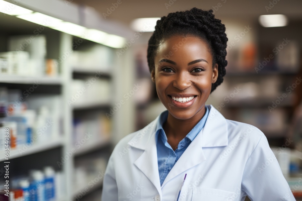 African American pharmacist in pharmacy. Generative AI. African American pharmacist in pharmacy. Generative AI.