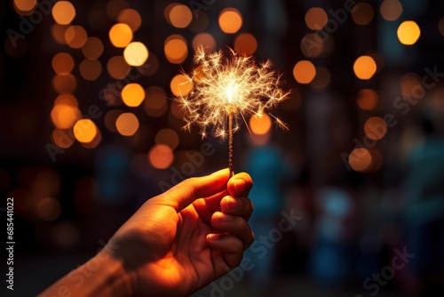 Hand holding sparkler firework celebrate new year. Generative AI.