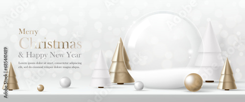 3D Vector Merry Christmas product display podium banner. Empty glass snow ball with gold tree on white background. Luxury modern minimal style, decoration party, promotion sale, social media post