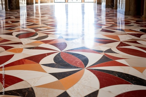 Detailed view of a marble floor showcasing a unique blend of patterns and color variations.