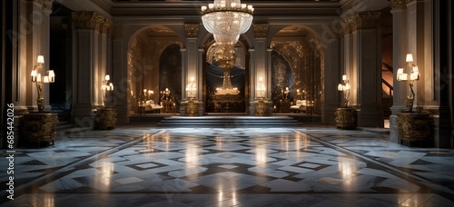 Dimly lit room showcasing a marble floor with an elegant, symmetrical layout