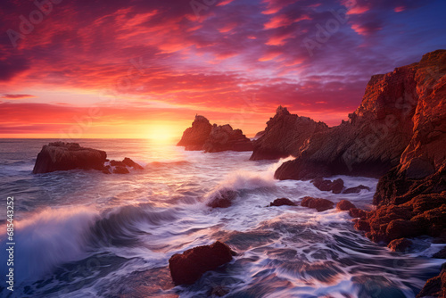 A coastal cliff at sunrise  with waves crashing against the rocks and the sky painted in hues of pink and orange.
