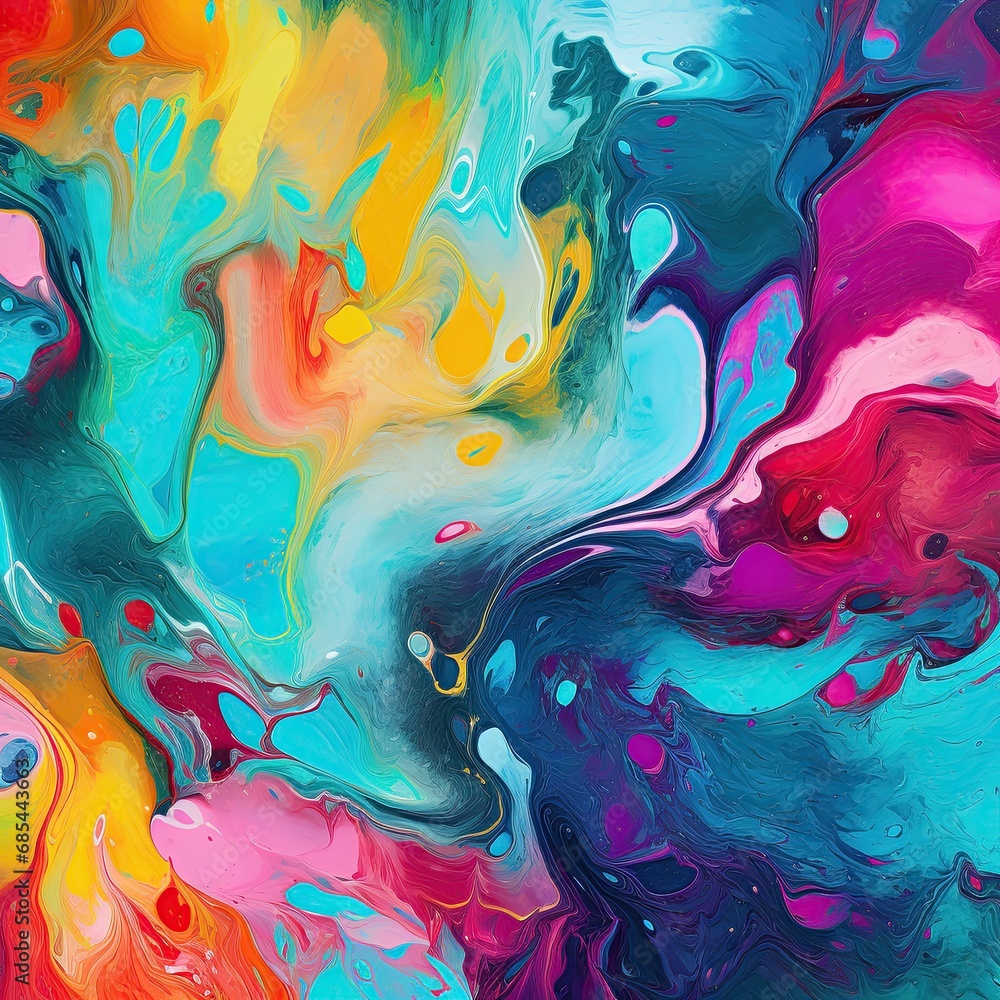 Bright acrylic art background, pink, blue, purple, yellow, splashes, stains, brush stroke