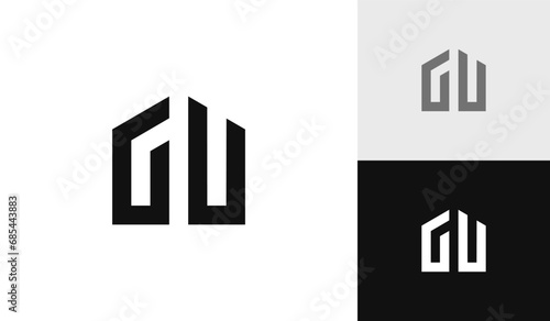 Letter GU initial with house shape logo design