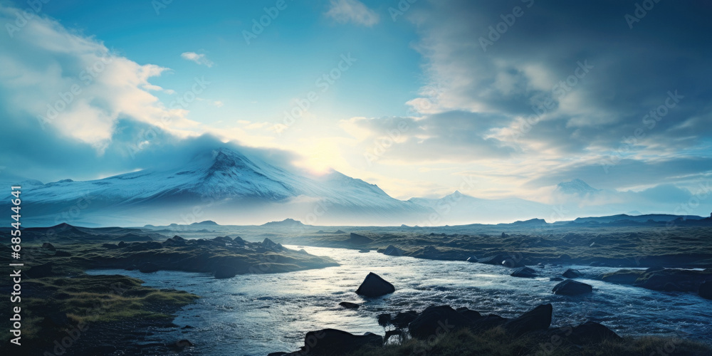 Iceland. Landscape photography with heavy moody clouds, huge mountains and crystal water