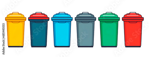 Minimalist illustration of set of colorful garbage bins over white transparent background