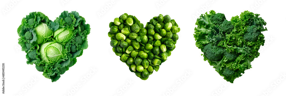 Cabbage, Brussel sprouts and kale in heart shapes on white transparent background - obrazy, fototapety, plakaty 