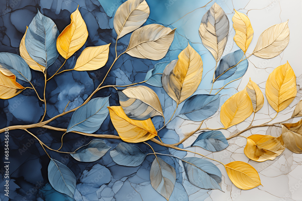 Grunge gold leaves tree branch on blue, teal textured background. Golden, cold colors nature plant art backdrop. Autumn, fall yellow leaf overlay art painting.  Floral web mobile illustration by Vita - obrazy, fototapety, plakaty 