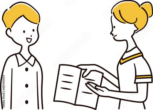 説明をするエステティシャンと説明を聞くアジア人男性のイラスト素材