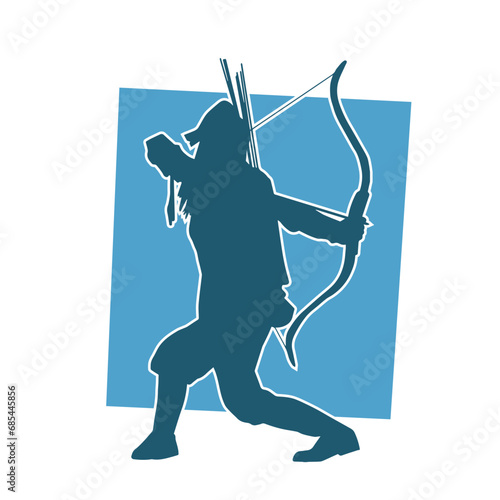 Silhouette of a warrior targeting with his archery weapon. Silhouette of a male soldier with archery weapon.