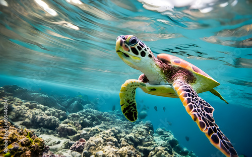 Enchanting Encounter, A Curious Sea Turtle Glides Through Crystal Clear Waters