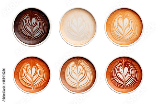 Top view of coffee cups latte art over isolated transparent background