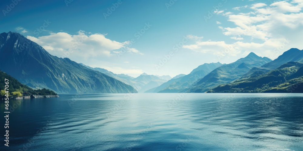 Landscape panorama - mountains and sea shore, lakes and dramatic clouds, nature photography