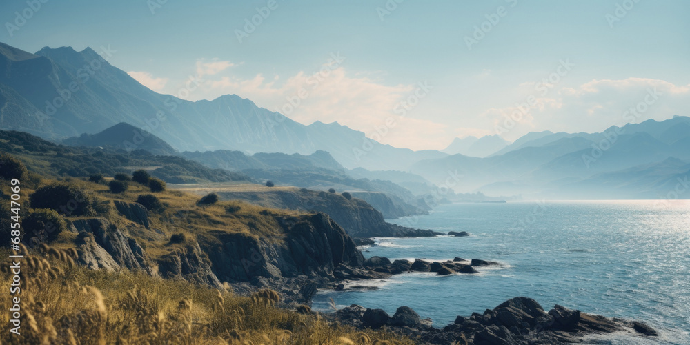 Landscape panorama - mountains and sea shore, lakes and dramatic clouds, nature photography