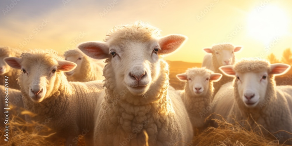 a group of sheep looking into the sun, generative AI
