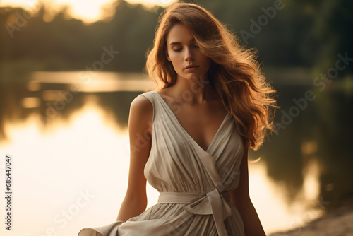 Elevate your commercial projects with this stunning 8K HD image. A woman embodies timeless elegance amidst serene nature, clad in a cream and dove-gray dress