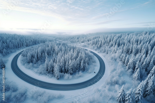 Top view of curved road with snow covering on trees in winter season