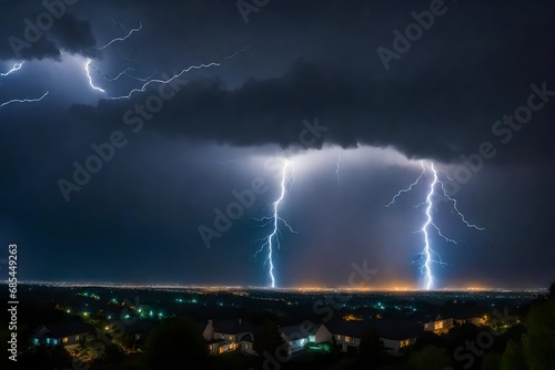 lightning over the modrn city at night photo