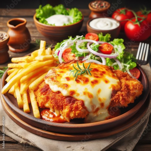 delicious chicken parmigiana with fries and salad