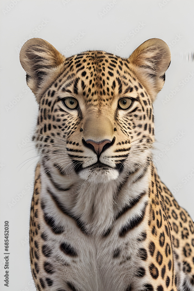 Obraz premium Portrait of a leopard in front of a gray background.