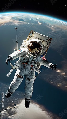 Astronaut floating in space with Earth and satellites in background.