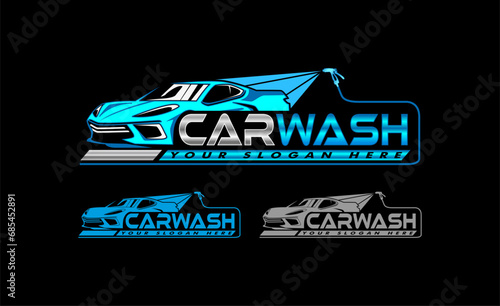 car wash Auto detailing vector logo Carwash spa Automotive automobile logo design template blue white, silver isolated on a dark background
