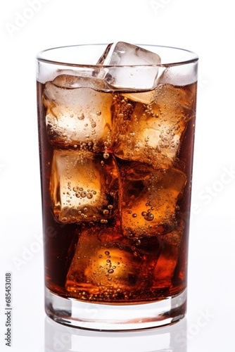 Close up soda in a glass with ice cube in a studio isolated over white background.