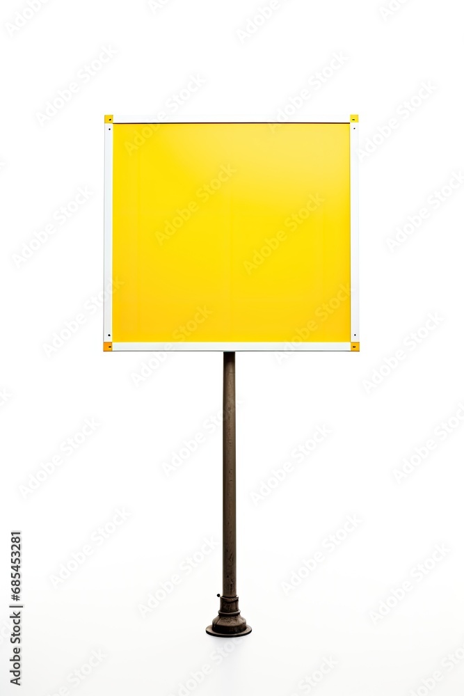 Blank signboard isolated over white background. Yellow square blank