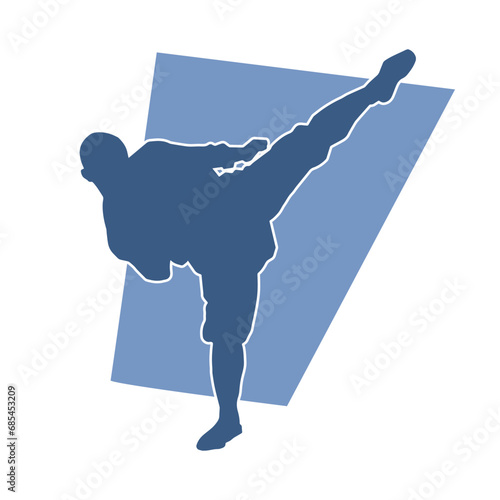 Silhouette of a male kickboxing athlete in action pose. Silhouette of a kickboxer man doing martial art pose.