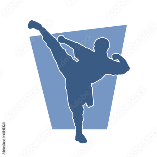 Silhouette of a male kickboxing athlete in action pose. Silhouette of a kickboxer man doing martial art pose.