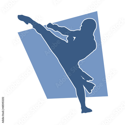 Silhouette of a male kickboxing athlete in action pose. Silhouette of a kickboxer man doing martial art pose.