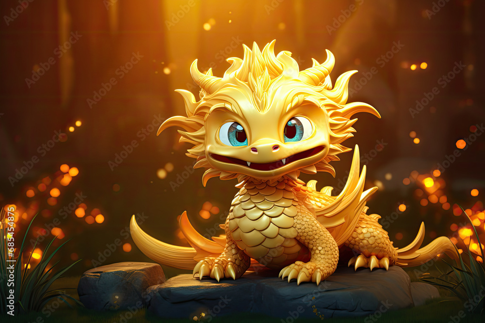 cute cartoon 3d golden glowing Chinese dragon, nature background 