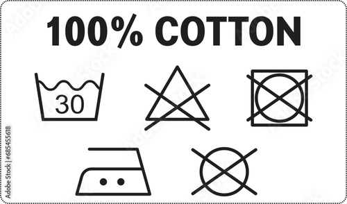 Washing symbols set on clothing label or Vector illustration of fabric composition 100% cotton with care symbols. 
