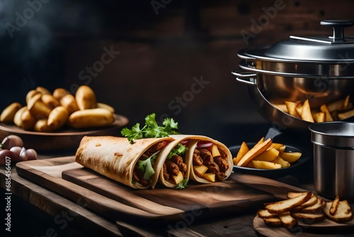 Shawarma with fried potatoes in board cookware