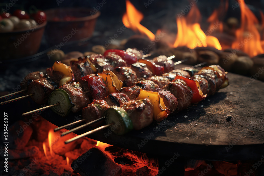 Outdoor feast Meat skewers sizzle over the grill. AI Generative marvel highlights the delicious, flame-grilled charm of these barbecue favorites. - obrazy, fototapety, plakaty 