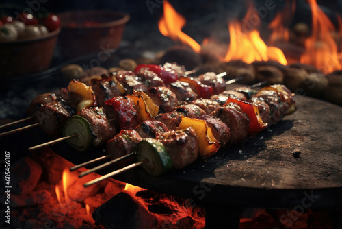 Outdoor feast Meat skewers sizzle over the grill. AI Generative marvel highlights the delicious, flame-grilled charm of these barbecue favorites. photo