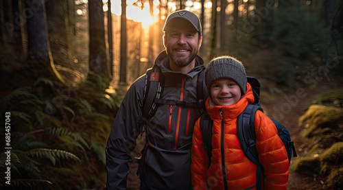 portrait of father and child on the trail at sunrise