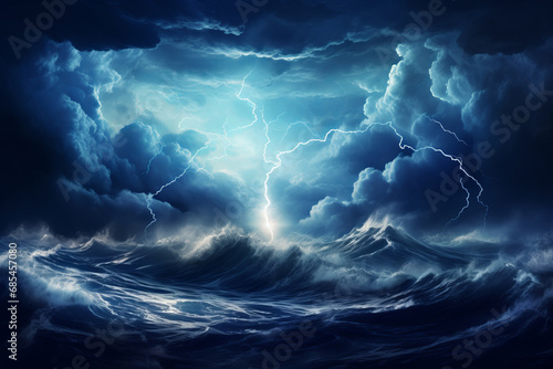 Dramatic thunderstorm at sea  where lightning pierces the night sky amidst turbulent waves. A powerful portrayal of nature might. AI Generative.