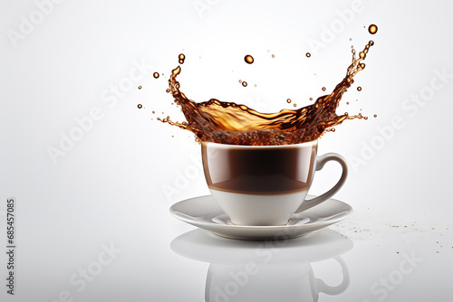 Hot coffee spills and splashes in an isolated white cup, evoking the rich aroma of a morning brew. AI Generative.