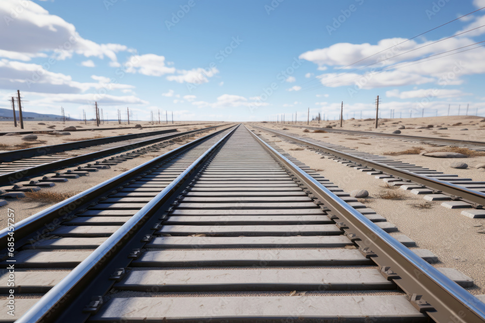 Railroad tracks glisten in the winter sun. Witness the fusion of technology and nature – it is AI Generative.