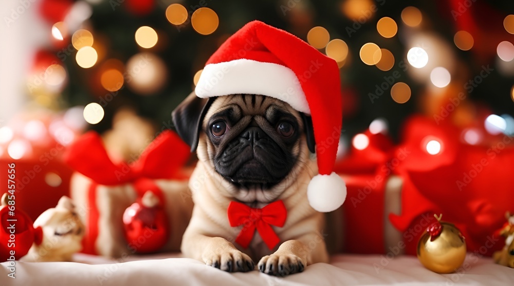 pug with christmas gifts	
