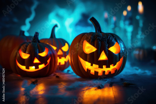Moonlit night in the forest, glowing-eyed jack-o'-lanterns on grass. Eerie mist and spooky ambiance set Halloween's creativity aglow. AI Generative art captures the scene.