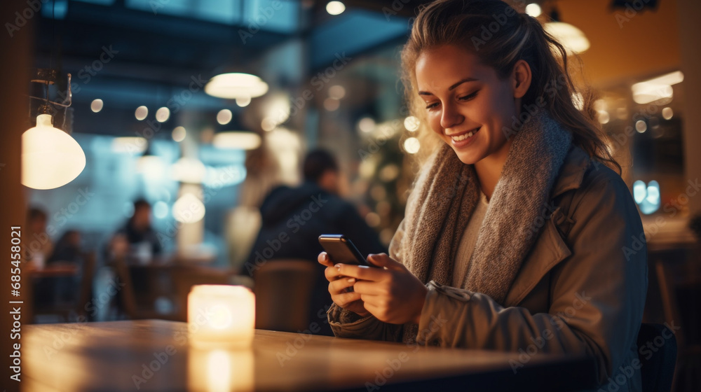 Young smiling woman using her smartphone for online shopping while seated in a cozy coffee shop Young smiling woman using her smartphone for online shopping while seated in a cozy coffee shop