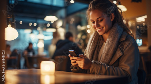 Young smiling woman using her smartphone for online shopping while seated in a cozy coffee shop