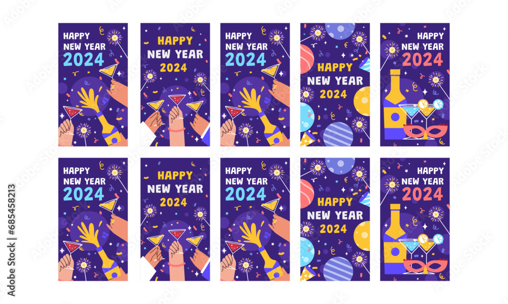 happy new year 2024 social media stories vector flat design