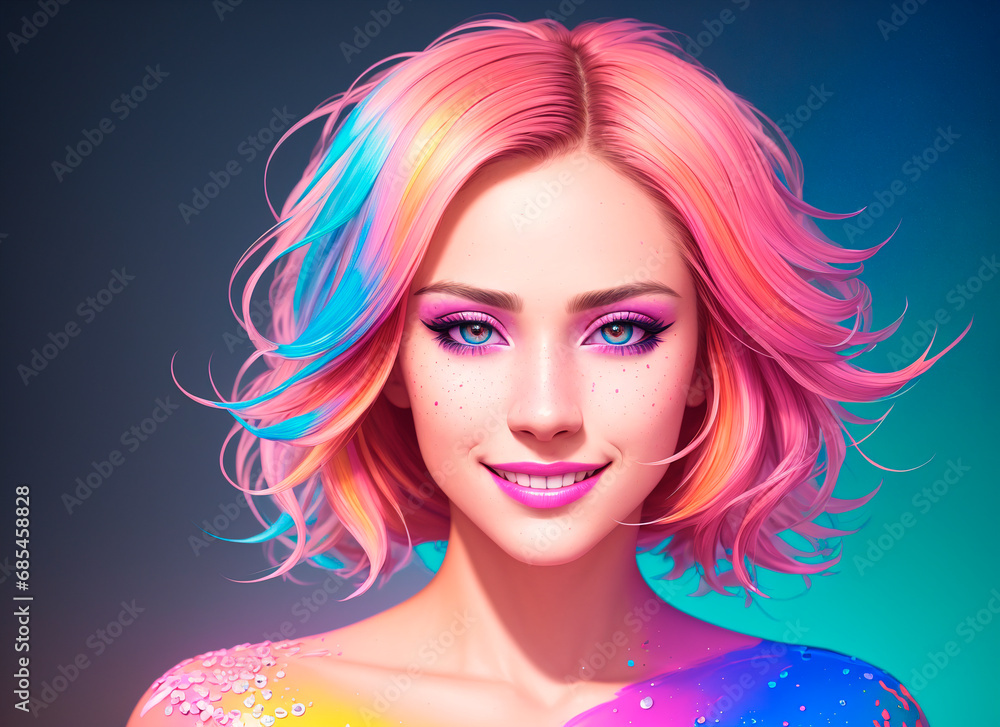 Portrait of a beautiful girl with pink hair and bright makeup.
