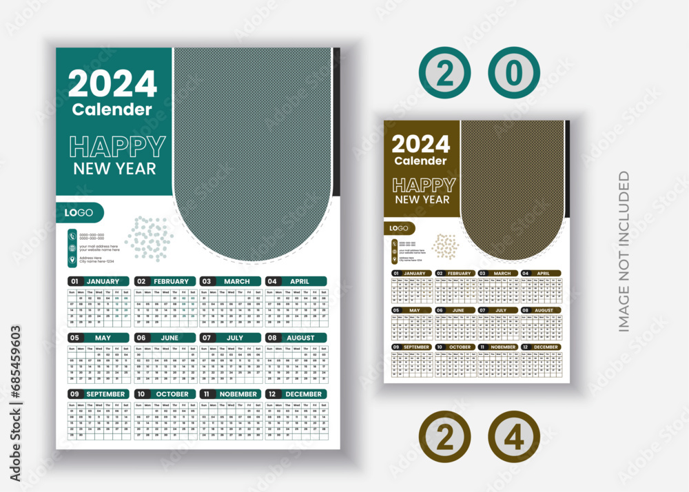 2024, calendar set, Week start Sunday, Simple vertical calendar design ...
